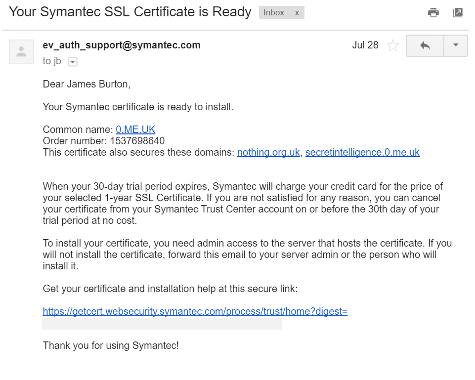 Symantec Order Completed